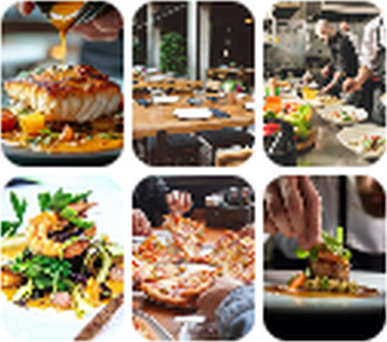 Photos of plated dishes and kitchen scenes in the media library